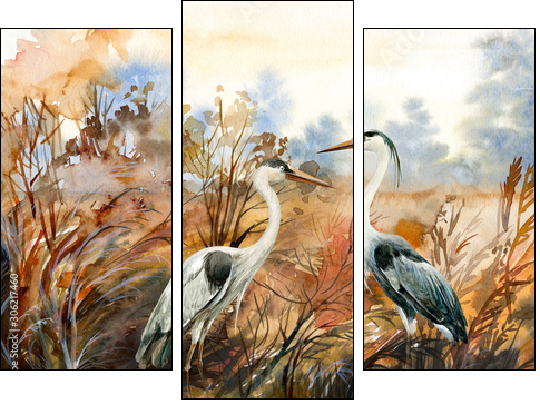 autumn landscape with birds  crane, watercolor illustration - Three-piece canvas, Triptych
