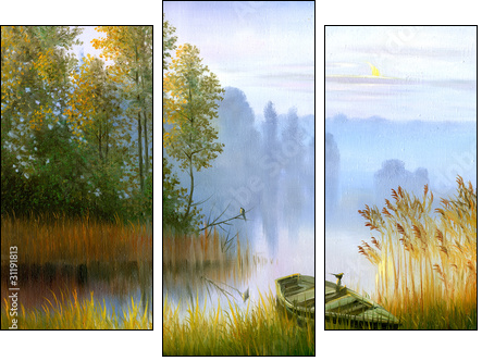Wooden boat ashore - Three-piece canvas, Triptych