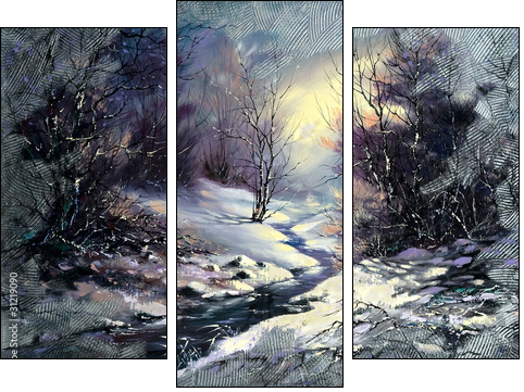 Landscape with winter wood small river - Three-piece canvas, Triptych