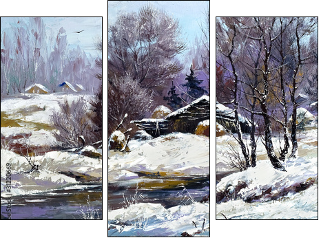 Small house in winter village - Three-piece canvas, Triptych