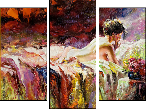 The naked girl laying on a bed - Three-piece canvas, Triptych