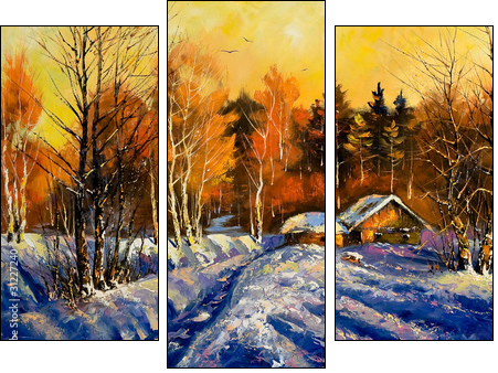 Evening in winter village - Three-piece canvas, Triptych