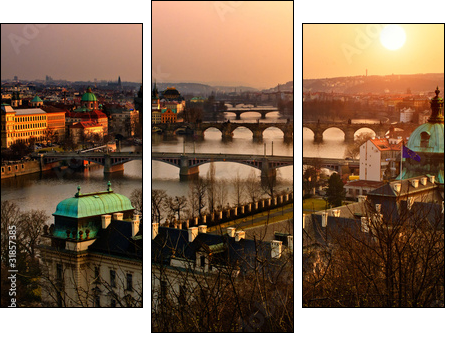 Panoramic view on Charles bridge and sunset Prague lights. - Three-piece canvas, Triptych