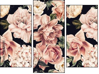 Seamless floral pattern with flowers on summer background, watercolor illustration. Template design for textiles, interior, clothes, wallpaper - Three-piece canvas, Triptych