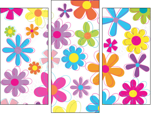 Multicolored retro styled flowers - Three-piece canvas, Triptych
