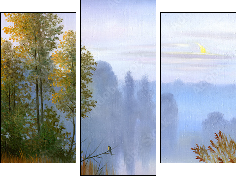 the boat on the bank of the lake, a canvas, oil - Three-piece canvas, Triptych