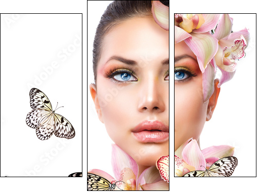 Beautiful Girl With Orchid Flowers and Butterfly - Three-piece canvas, Triptych