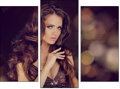 Fashion lady, sensual brunette woman with shiny curly silky hair - Three-piece canvas, Triptych