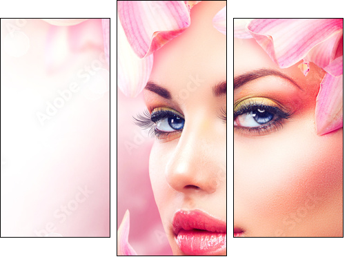 Beautiful Girl With Orchid Flowers. Beauty Woman Face - Three-piece canvas, Triptych