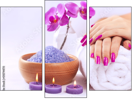 female hands with fragrant orchid and towel. Spa - Three-piece canvas, Triptych