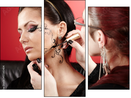 Brunette having applied face tattoo by makeup artist - Three-piece canvas, Triptych