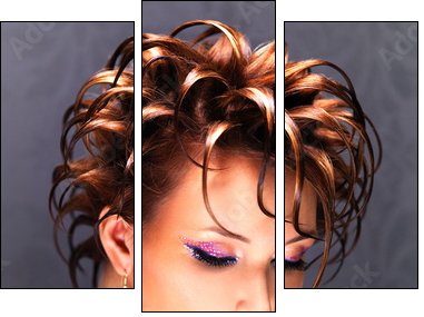 Beautiful woman with fashion  hairstyle and pink makeup - Three-piece canvas, Triptych