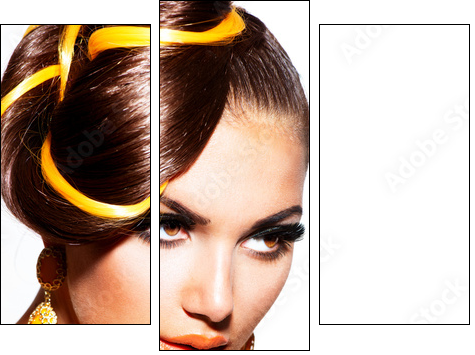 Fashion Model Girl Portrait with Yellow and Orange Makeup - Three-piece canvas, Triptych