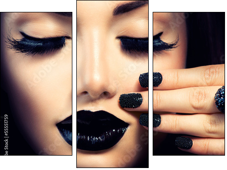 Beauty Fashion Girl with Trendy Caviar Black Manicure and Makeup - Three-piece canvas, Triptych