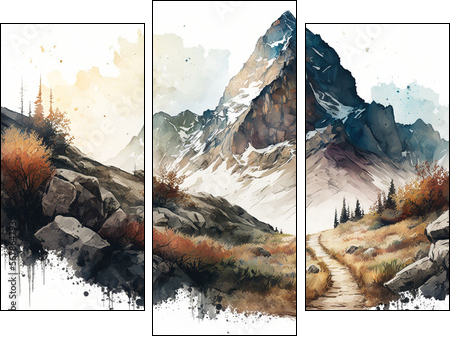 Beautiful landscape with snowy mountains painted in watercolors. AI Generative. - Three-piece canvas, Triptych