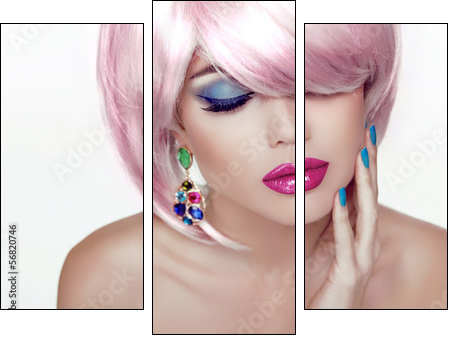 Makeup. Sexy lips. Beauty Girl Portrait with Colorful Makeup, Co - Three-piece canvas, Triptych
