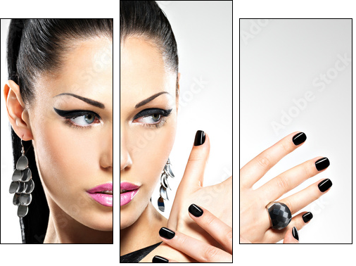 Beautiful fashion sexy woman with black nails at pretty face - Three-piece canvas, Triptych