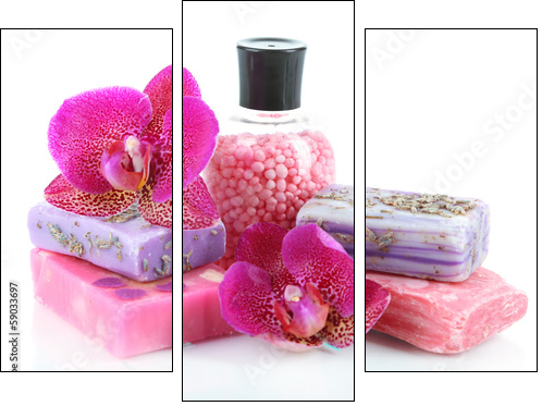 Sea salt, soap and orchid isolated on white - Three-piece canvas, Triptych