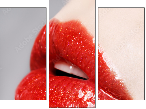 Beautiful female with red shiny lips close up - Three-piece canvas, Triptych