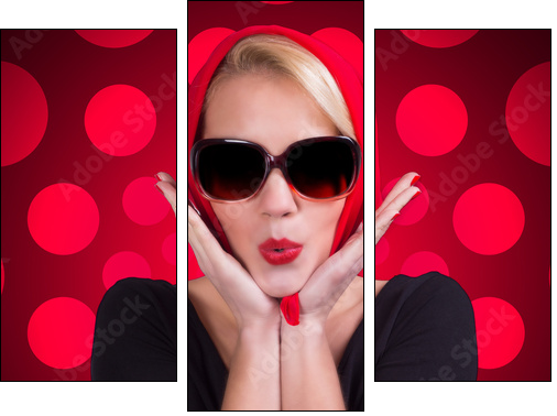 Pin-up girl over red polka-dot background - Three-piece canvas, Triptych