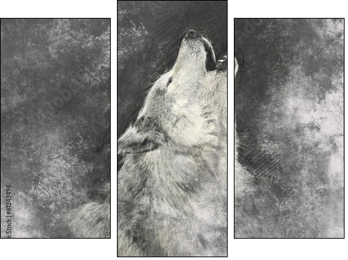 Wolf, handmade illustration on grey background - Three-piece canvas, Triptych