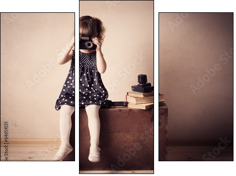 little girl with retro camera on  suitcase indoor - Three-piece canvas, Triptych