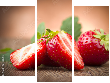 Fresh Strawberry close up on the wood - Three-piece canvas, Triptych
