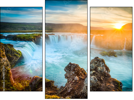 Iceland, Godafoss at sunset, beautiful waterfall, long exposure - Three-piece canvas, Triptych