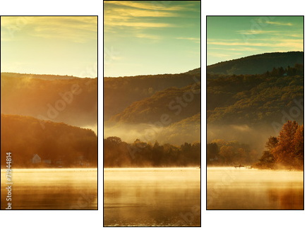 Beautiful autumn landscape, the lake in the morning fog - Three-piece canvas, Triptych