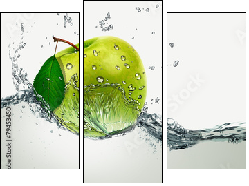 Green Apple amid splashing water. - Three-piece canvas, Triptych