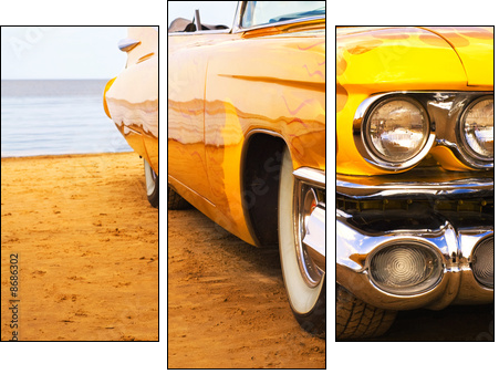 Classic yellow flame painted Cadillac at beach - Three-piece canvas, Triptych