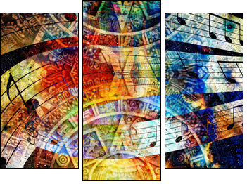 Ancient Mayan Calendar and  Music note, Cosmic space with stars, abstract color Background, computer collage. circular view on space. - Three-piece canvas, Triptych