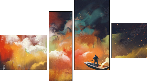 man on a boat in the outer space with colorful cloud,illustration - Four-piece canvas, Fortyk
