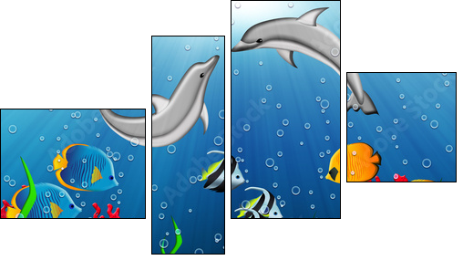 Underwater world with dolphins and tropical fishes - Four-piece canvas, Fortyk