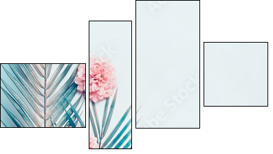 Creative layout with tropical palm leaves and pastel pink flowers on  turquoise blue desktop background, top view, place for text, vertical - Four-piece canvas, Fortyk