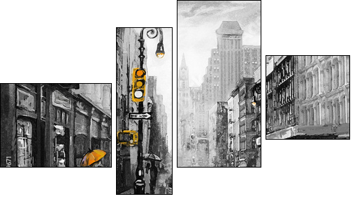 oil painting on canvas, street view of New York, man and woman, yellow taxi,  modern Artwork,  American city, illustration New York - Four-piece canvas, Fortyk