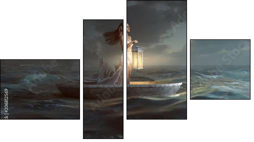 Frau mit Laterne in Ruderboot - Four-piece canvas, Fortyk