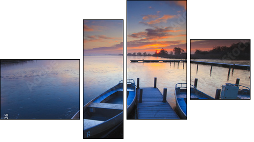 Peaceful sunrise with dramatic sky and boats and a jetty - Four-piece canvas, Fortyk