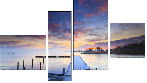Peaceful sunrise with dramatic sky and boats and a jetty - Four-piece canvas, Fortyk