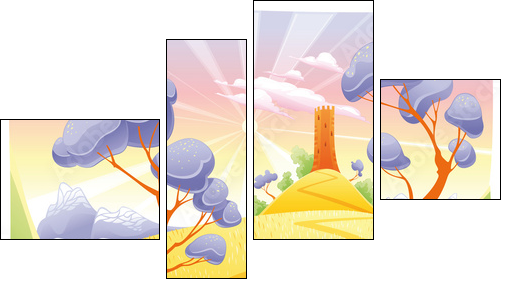 Landscape with tower. Funny cartoon and vector illustration. - Four-piece canvas, Fortyk