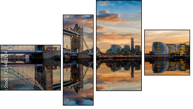 Die Skyline von London: von der Tower Bridge bis zum Tower nach Sonnenuntergang mit Reflektionen in der Themse - Four-piece canvas, Fortyk
