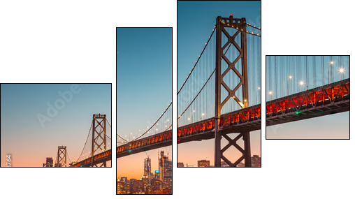 San Francisco skyline with Oakland Bay Bridge at sunset, California, USA - Four-piece canvas, Fortyk