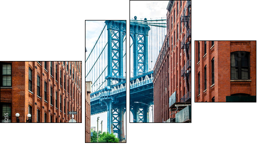 Manhattan Bridge between Manhattan and Brooklyn over East River seen from a narrow alley enclosed by two brick buildings on a sunny day in Washington street in Dumbo, Brooklyn, NYC - Four-piece canvas, Fortyk