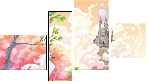 Unicorn and mythological landscape. Vector illustration - Four-piece canvas, Fortyk
