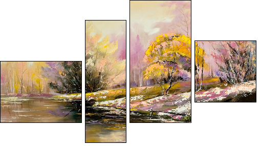 Autumn landscape with snow and the river - Four-piece canvas, Fortyk