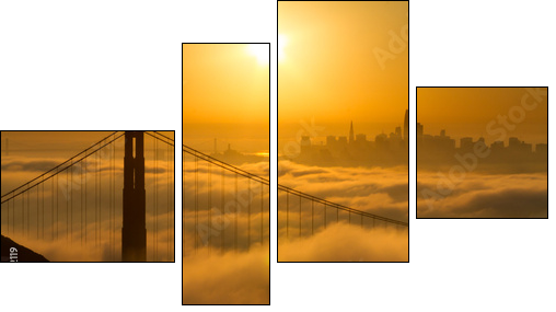 Spectacular Golden Gate Bridge sunrise with low fog and city view - Four-piece canvas, Fortyk