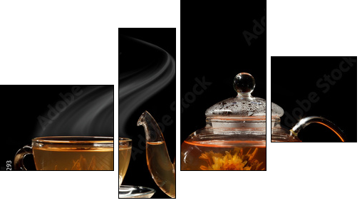Glass teapot and a cup of green tea on a black background - Four-piece canvas, Fortyk