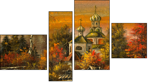 Ancient picture. Church in village - Four-piece canvas, Fortyk