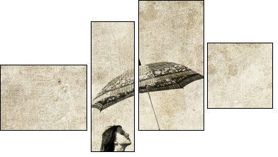 Girl with umbrella on bike. Photo in old image style. - Four-piece canvas, Fortyk