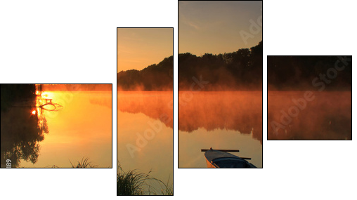 Boat on the shore of a misty lake - Four-piece canvas, Fortyk